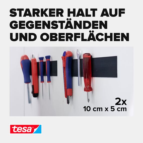 tesa On & Off Extrastarke Klett Klebepads - Selbstklebende Klettstreifen zum Befestigen schwerer Gegenstände, extra stark - Schwarz - 10 cm x 5 cm - 2 Stück