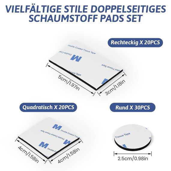 Molkor Doppelseitiges Klebeband,Klebepads Doppelseitiges Extra Stark,70 Stück Doppelseitiges Schaumstoff Pads,Schwarzes Selbstklebendes Klebeband Inklusive Quadratisch Rund und Rechteckig (01)