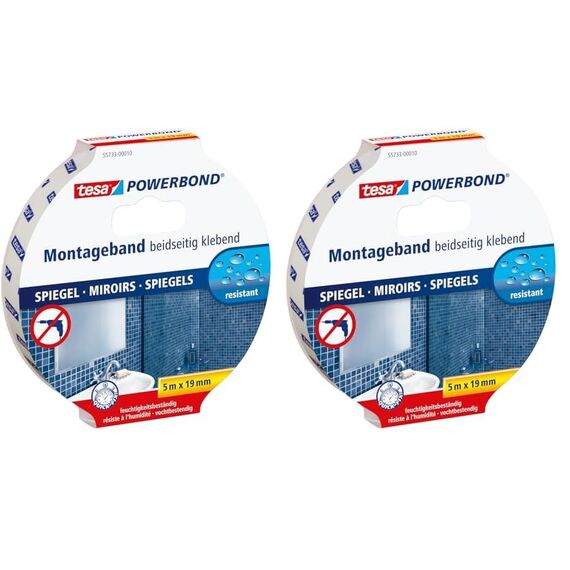 tesa Powerbond MIRROR - Doppelseitiges Montageband zur Fixierung von Spiegeln - Feuchtigkeitsbeständiges Klebeband für Bad und Dusche - 5 m x 19 mm (Packung mit 2)