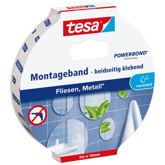 tesa Powerbond Montageband für Fliesen & Metall, feuchtraumbeständig, mit bis zu 10 kg Haltekraft pro Meter - doppelseitiges Montageklebeband für glatte Oberflächen - 5 m x 19 mm