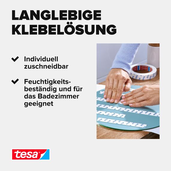 tesa Powerbond Montageband für Fliesen & Metall, feuchtraumbeständig, mit bis zu 10 kg Haltekraft pro Meter - doppelseitiges Montageklebeband für glatte Oberflächen - 5 m x 19 mm