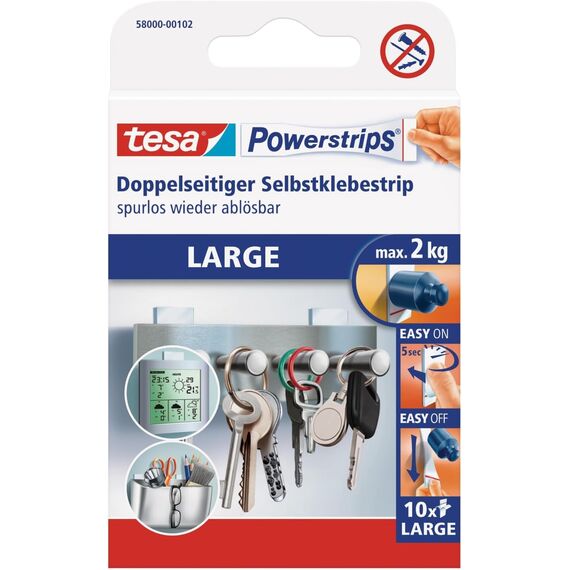 tesa Powerstrips Large - Doppelseitige Klebestreifen zur Montage von Gegenständen auf glatten Oberflächen - Bis zu 2 kg Halteleistung (5x 10 Powerstrips, Single)