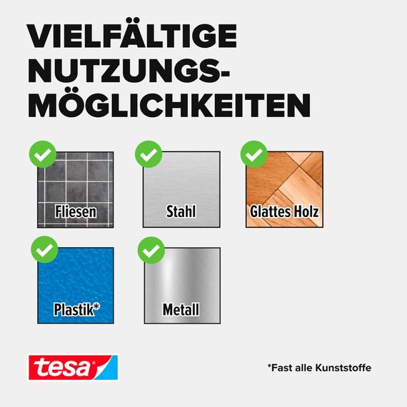 tesa On & Off Extrastarke Klett Klebepads - Selbstklebende Klettstreifen zum Befestigen schwerer Gegenstände, extra stark - Schwarz - 10 cm x 5 cm - 2 Stück
