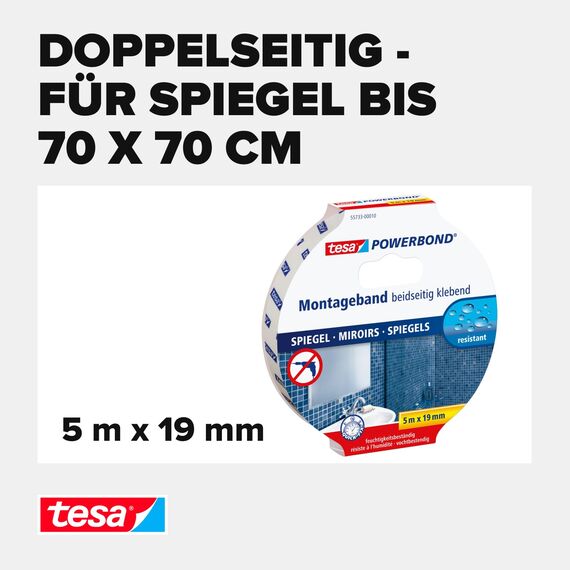 tesa Powerbond MIRROR - Doppelseitiges Montageband zur Fixierung von Spiegeln - Feuchtigkeitsbeständiges Klebeband für Bad und Dusche - 5 m x 19 mm