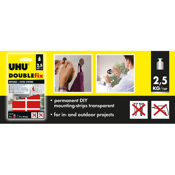 UHU Doppelstrips Transparent,Transparente doppelseitige Klebe- und Montage-Strips, 12 Strips (Packung mit 2)