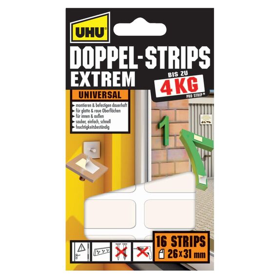 UHU 45450 Doppel-Strips Extrem, 4 kg, 26 mm x 31 mm, 16 Stück, Weiß
