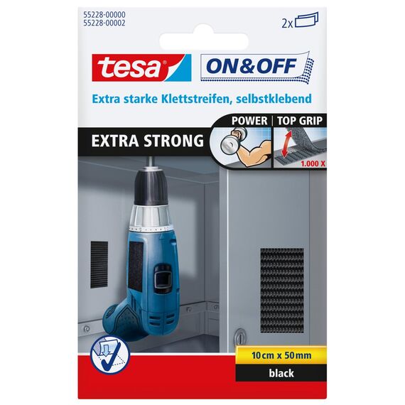 tesa On & Off Extrastarke Klett Klebepads - Selbstklebende Klettstreifen zum Befestigen schwerer Gegenstände, extra stark - Schwarz - 10 cm x 5 cm - 2 Stück