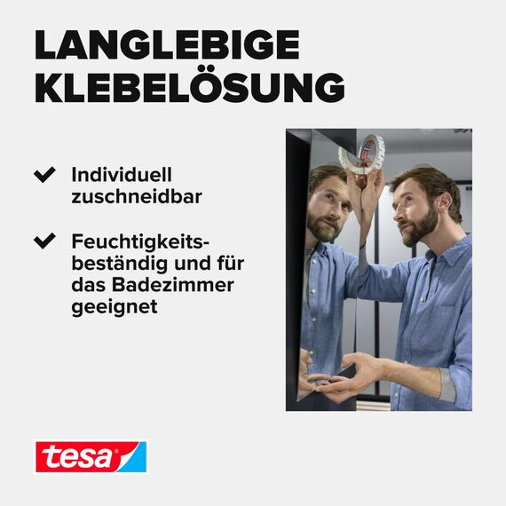 tesa Powerbond MIRROR - Doppelseitiges Montageband zur Fixierung von Spiegeln - Feuchtigkeitsbeständiges Klebeband für Bad und Dusche - 5 m x 19 mm