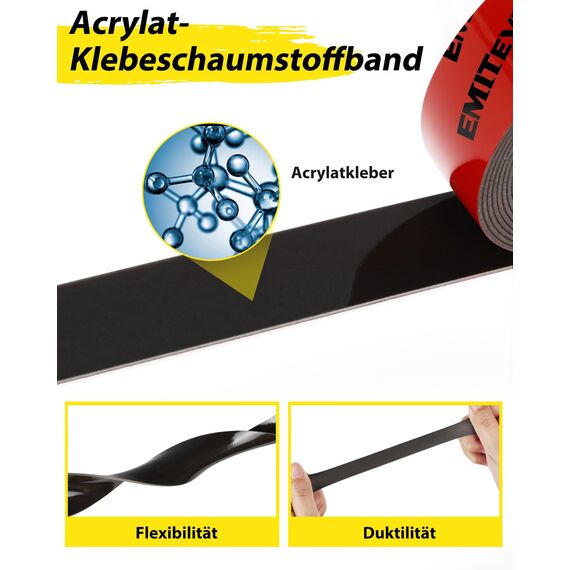 Emitever Doppelseitiges Klebeband Extra Stark - 5m x 25mm, Wasserdichtes Multifunktionales Montageklebeband für Wand und LED-Streifen, Auto, Wohn, Bürodekor und Außende