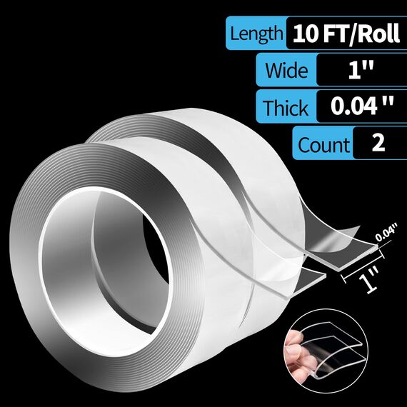 Art3d Nano Doppelseitiges Klebeband 2 Rollen à 3 Meter transparentes Mehrzweck-Schaumstoff-Klebeband für Teppichmatten Klebeartikel Fotorahmen Bastelwandmontage