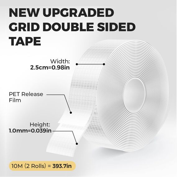 kinkaivy 10m Doppelseitiges Klebeband Extra Stark mit Masche, 25MM, 2 Rollen Nano Klebeband Doppelseitig Transparent, Spurlos, Abnehmbar - Ideal für Foto Wand, Postern, Teppich, Küche, Zuhause