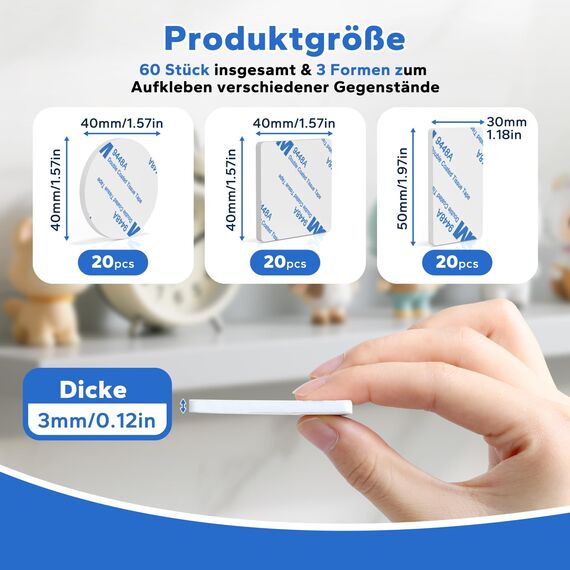 HOMMAND Klebepads Doppelseitig Extra Stark, 60 Stück Schaumstoff Klebepads, Wasserfeste Montagepads für Zuhause Büro Auto Schule, Doppelseitige Klebepads Rund/Rechteckig/Quadratisch, Weiß