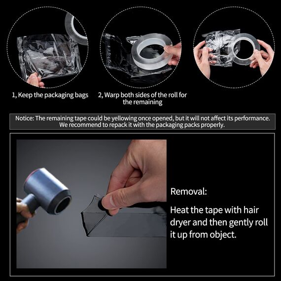 Art3d Doppelseitiges Klebeband, strapazierfähig, 3 meter, Mehrzweck-Klebeband, entfernbares Schaumstoff-Klebeband, wiederverwendbares, transparentes Klebeband für Klebeartikel, Haushalt