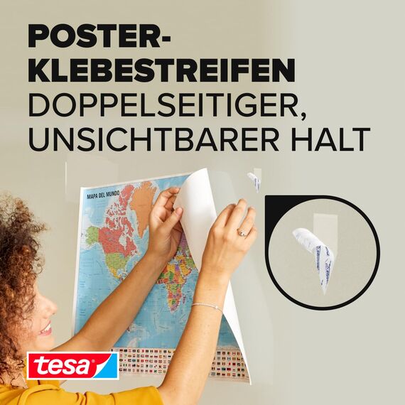 tesa Powerstrips POSTER Big Pack - Doppelseitige Klebestreifen für Poster und Plakate - Selbstklebend und spurlos wieder ablösbar - Bis zu 200 g Halteleistung - 96 Stück