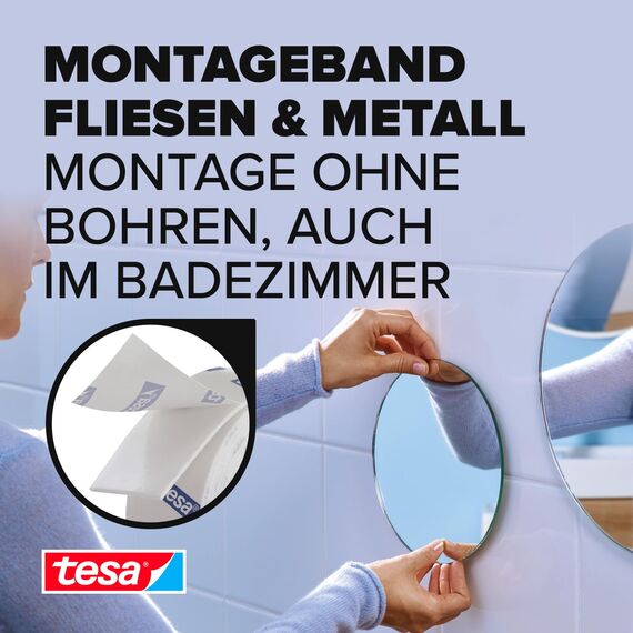 tesa Powerbond Montageband für Fliesen & Metall, feuchtraumbeständig, mit bis zu 10 kg Haltekraft pro Meter - doppelseitiges Montageklebeband für glatte Oberflächen - 5 m x 19 mm
