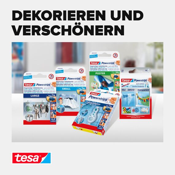 tesa Powerstrips POSTER im 3er Pack - Doppelseitige Klebestreifen für Poster und Plakate - Selbstklebend und spurlos wieder ablösbar - Bis zu 200 g Halteleistung - insgesamt 60 Powerstrips
