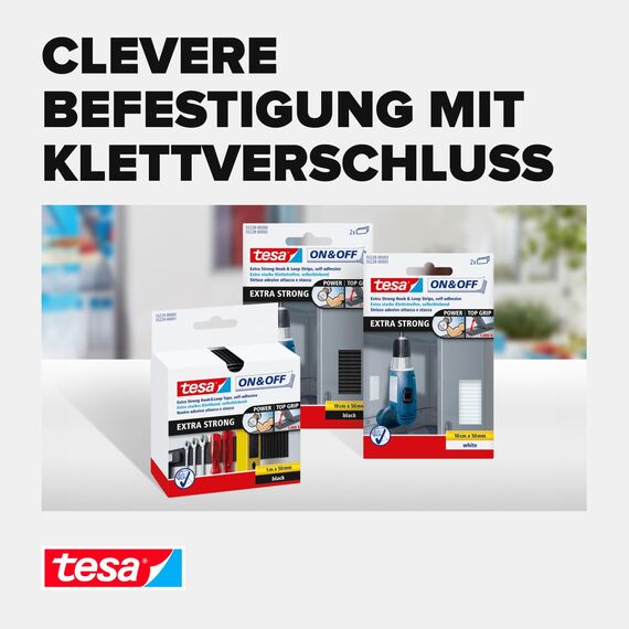 tesa On & Off Extrastarke Klett Klebepads - Selbstklebende Klettstreifen zum Befestigen schwerer Gegenstände, extra stark - Schwarz - 10 cm x 5 cm - 2 Stück