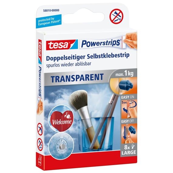 tesa Powerstrips transparent Deko - doppelseitige Klebestreifen für leichte Dekorationen, bis zu 1kg Haltekraft - selbstklebend 1kg 8 Powerstrips