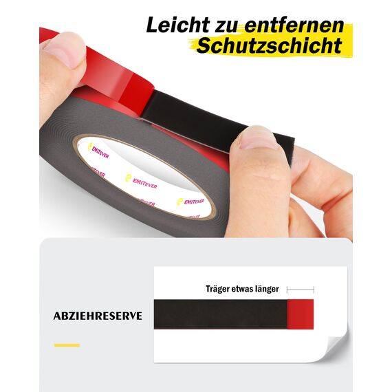 Emitever Doppelseitiges Klebeband - 10m x 12mm, Extra Stark Wasserdichtes Multifunktionales Montageklebeband klebestreifen für Wand und LED-Streifen, Auto, Wohn, Bürodekor