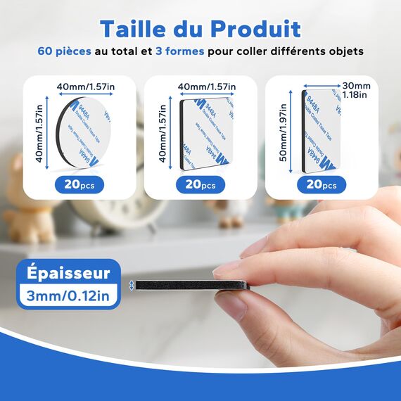 HOMMAND Klebepads Doppelseitig Extra Stark, 60 Stück Schaumstoff Klebepads, Wasserfeste Montagepads für Zuhause Büro Auto Schule, Doppelseitige Klebepads Rund/Rechteckig/Quadratisch, Schwarz