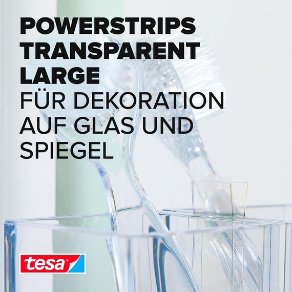 tesa Powerstrips transparent Deko - doppelseitige Klebestreifen für leichte Dekorationen, bis zu 1kg Haltekraft - selbstklebend 1kg 8 Powerstrips