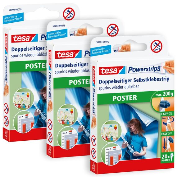 tesa Powerstrips POSTER im 3er Pack - Doppelseitige Klebestreifen für Poster und Plakate - Selbstklebend und spurlos wieder ablösbar - Bis zu 200 g Halteleistung - insgesamt 60 Powerstrips