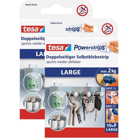 tesa Powerstrips Large - Doppelseitige Klebestreifen zur Montage von Gegenständen auf glatten Oberflächen - Bis zu 2 kg Halteleistung (2x 10 Powerstrips, Single)