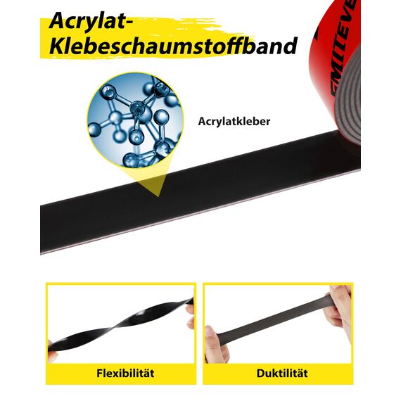 Emitever Doppelseitiges Klebeband - 10m x 12mm, Extra Stark Wasserdichtes Multifunktionales Montageklebeband klebestreifen für Wand und LED-Streifen, Auto, Wohn, Bürodekor