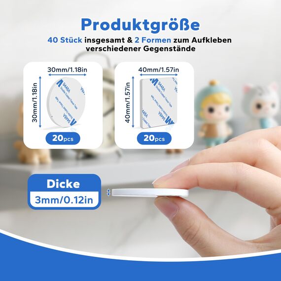 HOMMAND Klebepads Doppelseitig Extra Stark, 40 Stück Doppelseitiges Schaumstoff Klebepads, Wasserfeste Montagepads für Zuhause Büro Auto Schule, Doppelseitige Klebepads Rund/Quadratisch, Weiß