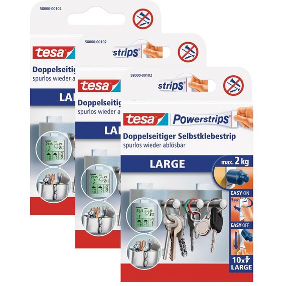tesa Powerstrips Large - Doppelseitige Klebestreifen zur Montage von Gegenständen auf glatten Oberflächen - Bis zu 2 kg Halteleistung (3x 10 Powerstrips, Single)
