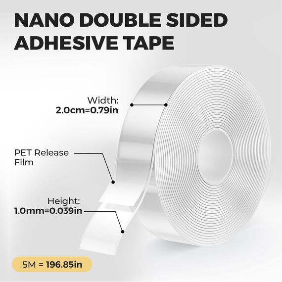 kinkaivy 5M Doppelseitiges Klebeband Extra Stark Transparent, Abnehmbar Spurlos Nano Tape, Klebeband Doppelseitig Ablösbar für Foto Wand, Postern, Teppich, Küche, Zuhause, 2cm