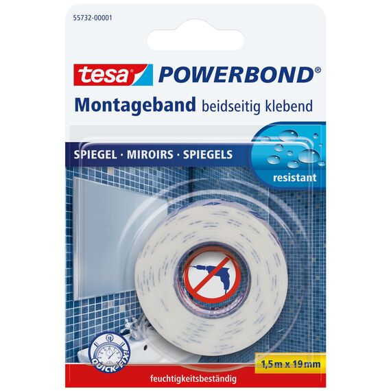 tesa Powerbond MIRROR - Doppelseitiges Montageband zur Fixierung von Spiegeln - Feuchtigkeitsbeständiges Klebeband für Bad und Dusche - 1,5 m x 19 mm