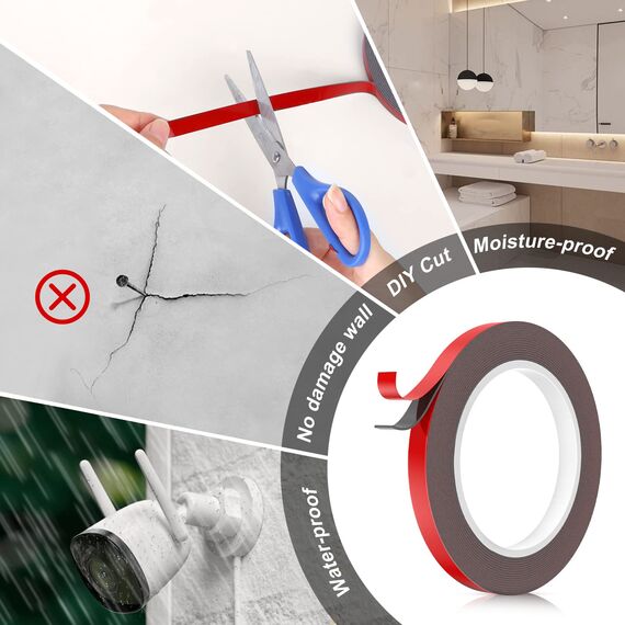 Emitever Doppelseitiges Klebeband Extra Stark - 5m x 10mm, Wasserdichtes Multifunktionales Montageklebeband für Wand und LED-Streifen, Auto, Wohn, Bürodekor und Außende