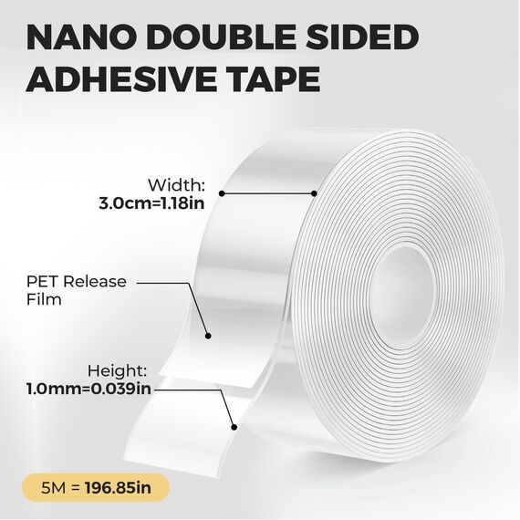 kinkaivy 5M Doppelseitiges Klebeband Extra Stark Transparent, Abnehmbar Spurlos Nano Tape, Double Sided Tape, Klebeband Doppelseitig Ablösbar für Foto Wand, Postern, Teppich, Küche, Zuhause