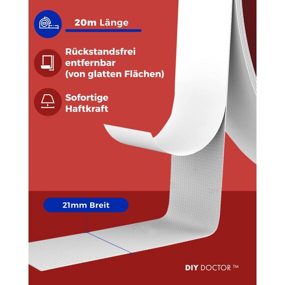 DIY Doctor Doppelseitiges Klebeband Extra Stark – Universelles Montageband für Haushalt, Büro & Werkstatt – 1 Rolle, 21 mm x 20 m – Starke Haftung, Rückstandsfrei Entfernbar