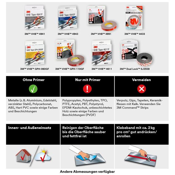3M VHB GPH-060GF Montage Klebeband doppelseitig - hohe Temperaturbeständigkeit, Verbindung von Aluminium, Edelstahl, verzinktem Stahl, Polycarbonat, ABS - 19mm x 3m, Grau, Dicke: 0.6mm (1-er Pack)