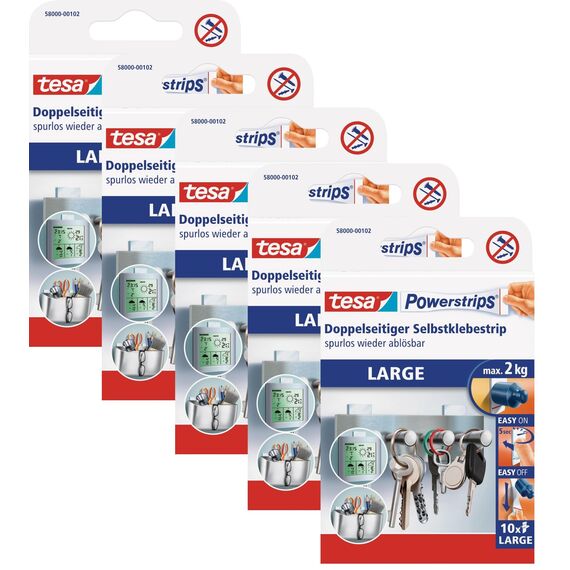 tesa Powerstrips Large - Doppelseitige Klebestreifen zur Montage von Gegenständen auf glatten Oberflächen - Bis zu 2 kg Halteleistung (5x 10 Powerstrips, Single)