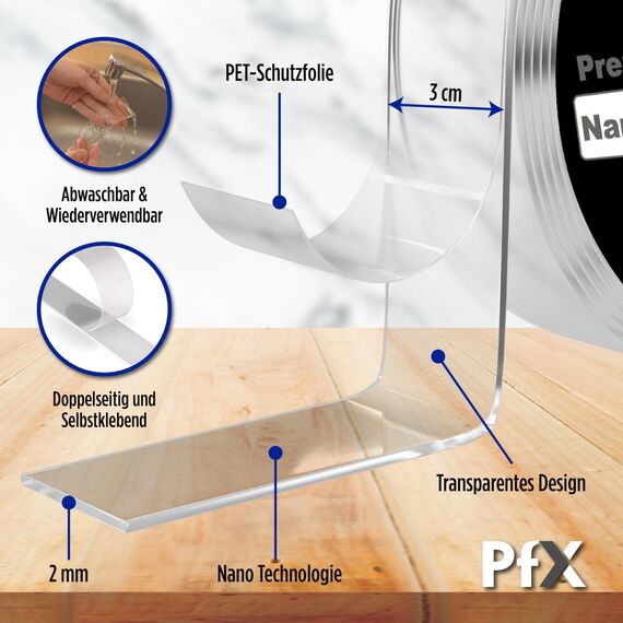 PfX Extrem Starkes Premium Nano Tape [3m] - Neue 2026 Version - Wiederverwendbares Transparentes Nano Klebeband - ACHTUNG EXTREM STARK
