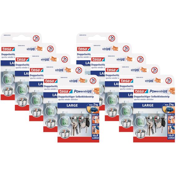 tesa Powerstrips Large - Doppelseitige Klebestreifen zur Montage von Gegenständen auf glatten Oberflächen - Bis zu 2 kg Halteleistung (10x 10 Powerstrips, Single)