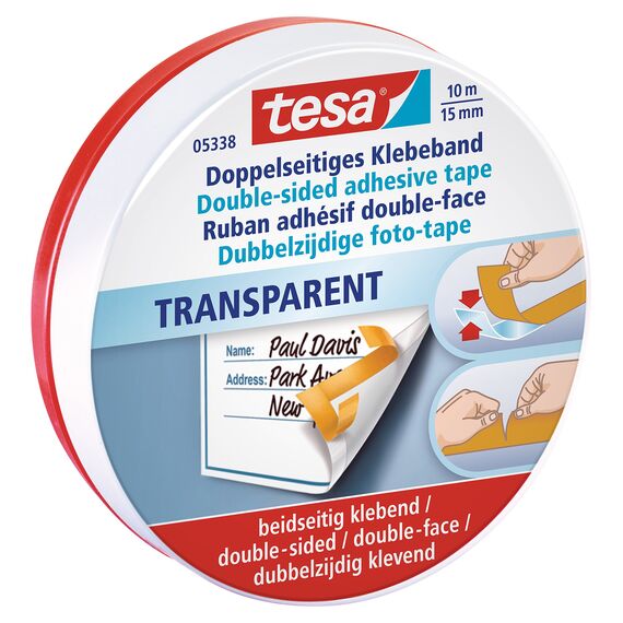 tesa Doppelseitiges Klebeband extra dünn, stark klebend, von Hand einreißbar, ideal für Bastelarbeiten, 10m x 15mm, in hochwertiger Metalldose