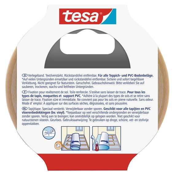 tesa Verlegeband rückstandsfrei entfernbar - Gewebeverstärktes, doppelseitiges Klebeband zum Verkleben von Teppich- und PVC-Bodenbelägen - 10 m x 50 mm