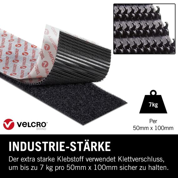 VELCRO Marke | Klettband Selbstklebend | Zuschneidbares industrielles extra starkes doppelseitiges selbstklebendes Klettband mit Klettverschluss | Schwarz | 50 mm x 1 m