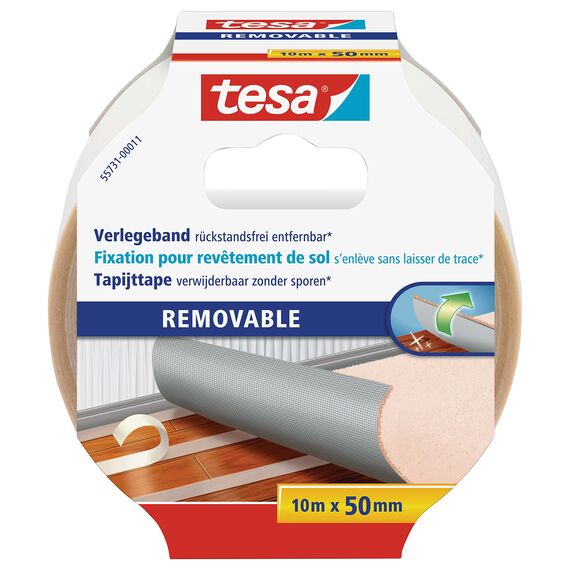 tesa Verlegeband rückstandsfrei entfernbar - Gewebeverstärktes, doppelseitiges Klebeband zum Verkleben von Teppich- und PVC-Bodenbelägen - 10 m x 50 mm