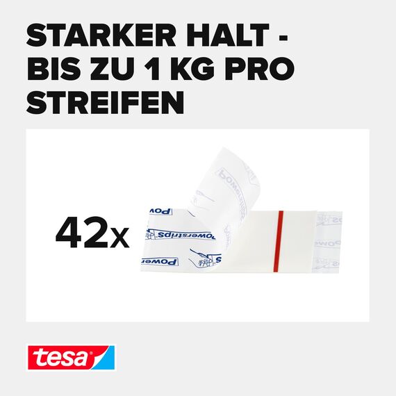 tesa Powerstrips Small im 3er Pack - Doppelseitige Klebestreifen zur Montage von Gegenständen auf glatten Oberflächen - Bis zu 1 kg Halteleistung - insgesamt 42 Powerstrips