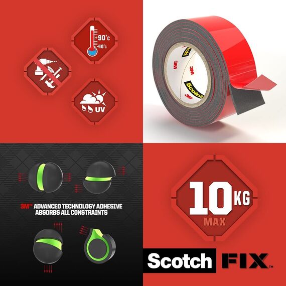 Scotch-Fix Extreme Doppelseitiges Montageband für den Außenbereich – 1 Rolle (19 mm x 1,5 m) – Extra stark, wetterfest & temperaturbeständig – Hält bis zu 10 kg – Kein Bohren nötig
