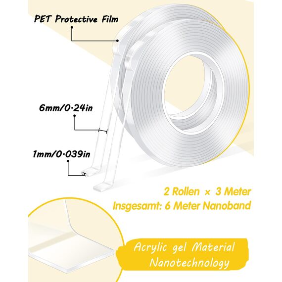 Caianwin 6mm Breites Mini Doppelseitiges Klebeband, Extra Stark Double Sided Tape, Transparentes Nano Tape Ablösbar für Dekoration, Ornamente, Fotowände(2 Rollen à 3 m, 6m Gesamt)