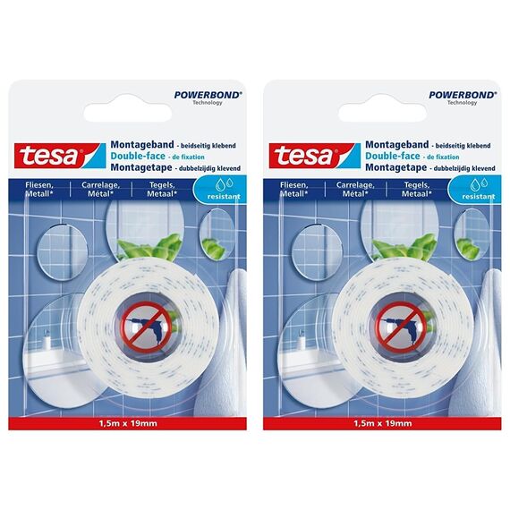 tesa Powerbond Montageband für Fliesen & Metall, feuchtraumbeständig, mit bis zu 10 kg Haltekraft pro Meter - doppelseitiges Montageklebeband für glatte Oberflächen - 1,5 m x 19 mm (Packung mit 2)