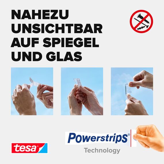 tesa Powerstrips transparent Deko - doppelseitige Klebestreifen für leichte Dekorationen, bis zu 200 g Haltekraft - selbstklebend, spurlos ablösbar - 1 x 16 Streifen