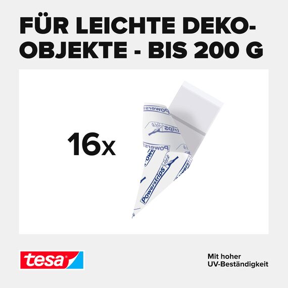tesa Powerstrips transparent Deko - doppelseitige Klebestreifen für leichte Dekorationen, bis zu 200 g Haltekraft - selbstklebend, spurlos ablösbar - 1 x 16 Streifen