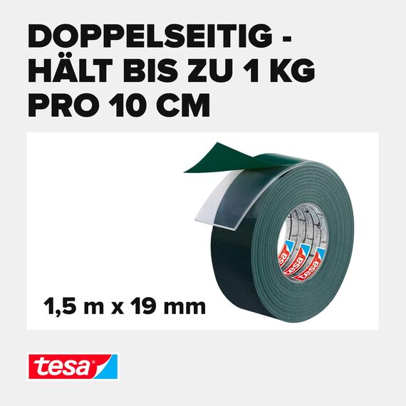 tesa Powerbond Montageband für Ziegel und Stein, 10 kg Haltekraft pro Meter - doppelseitiges Montageklebeband für Innen und Außen - 1,50 m x 19 mm